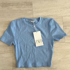 Zara light blue cropped shirt
